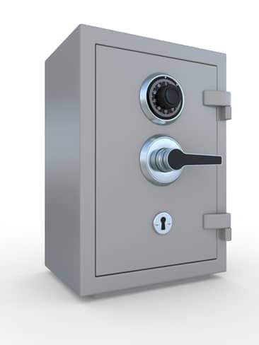 closed steel bank safe over white